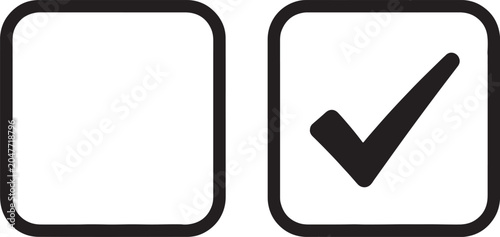 A set of two square one empty box and one box with a check mark, representing selection, completion, and approval, also transparent background