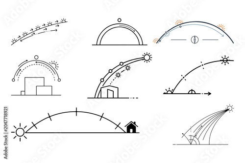 Professional Architectural Sun Path Diagram Vector – Solar Movement Linework for Design and Analysis
