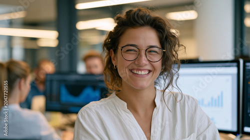 Candid unposed moment of a young female data analyst in an open plan office mid-laugh turning from a monitor showing charts, colleagues blurred in background, afternoon ambient workplace energy, tec