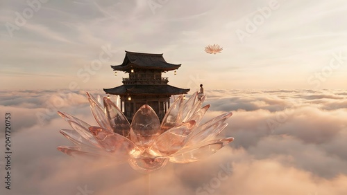 Ancient Asian Temple Emerging from Crystal Fantasy Landscape