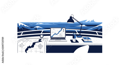 Modern Remote Workspace Illustration Featuring Laptop with Data Graph and Panoramic Mountain View, Navy Blue Flat Design Vector
