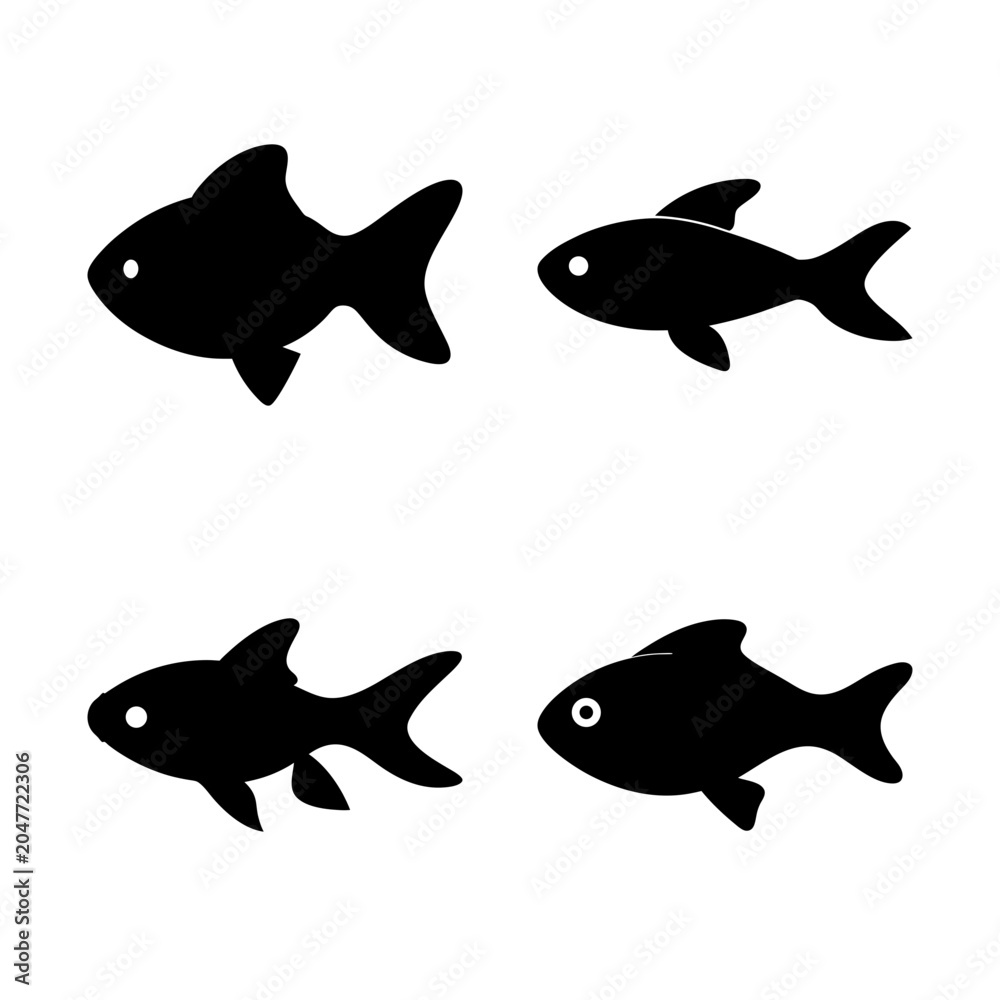 Naklejka premium Four black fish icons in a line - Simple vector icons of four black fish swimming in a straight line, minimalist design for various uses.