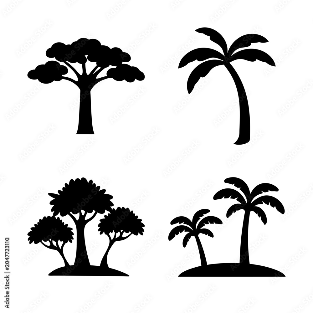 Naklejka premium Black and white tropical trees icon set - Minimalist vector icons of stylized tropical trees including palm and baobab trees in black and white.