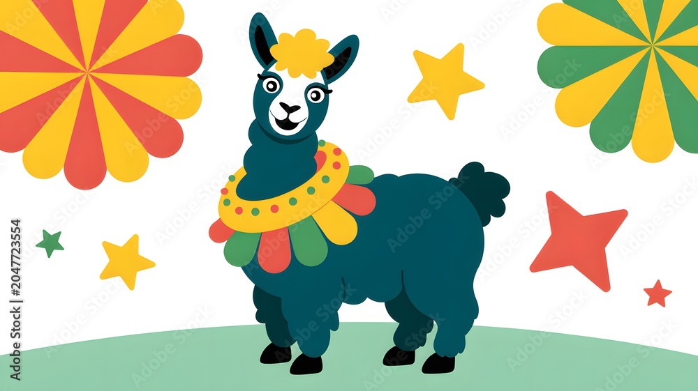 Naklejka premium Cute cartoon llama illustration with festive flowers illustration whimsical colorful children