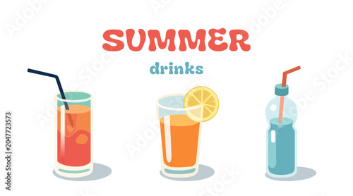 Flat vector set of three summer drinks, iced cocktail with straw, fresh orange juice with lemon slice, and water bottle. Bright retro colors on white background.