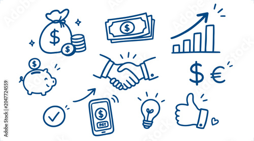 Chalk business board sketch icon set. Finance icons hand drawn doodle style vector illustration