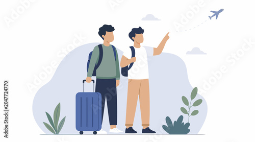 Travel Planning Discussion Between Two Friends with Luggage and Airplane