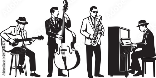 Wall Mural Stylish black and white vector illustration featuring a group of four profession
