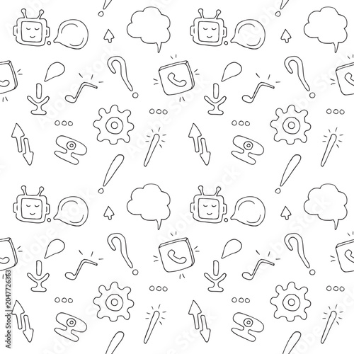 Hand Drawn Artificial Intelligence Seamless Pattern, Cute Tech Doodle Background with Robot, Gear, and Communication Icons
