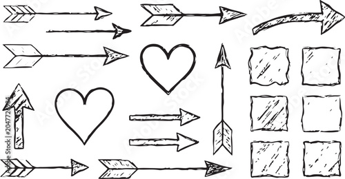 Black Hand Drawn Chalk Arrows and Hearts Set - Textured Sketch Elements on White Background