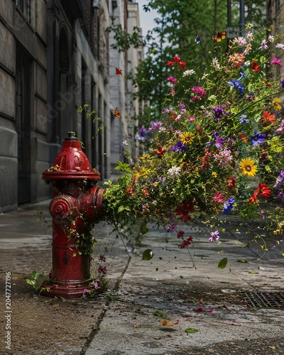 Red fire hydrant spraying a blast of wildflowers and vines into a city street, a metaphor for urban rewilding and nature returning.