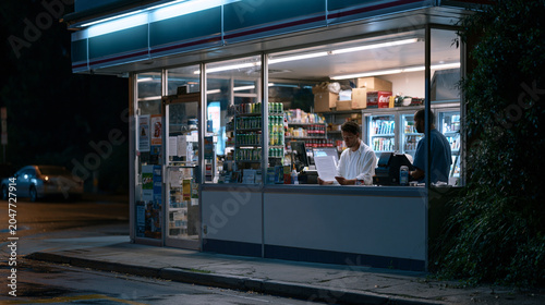 Late-night convenience store lit fluorescent against a desolate wet street, a founder inside buying energy drinks and reviewing a term sheet printout at the counter, the cashier glancing over curiou