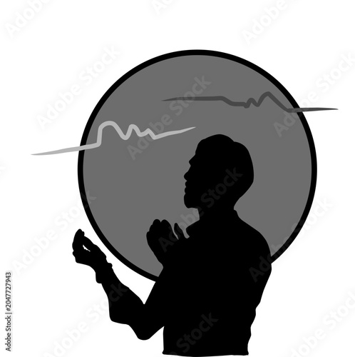 Photography vector or illustration of a silhouette of a man praying behind the moon, isolate