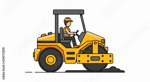 Construction worker driving a yellow steamroller flattening asphalt on a white background