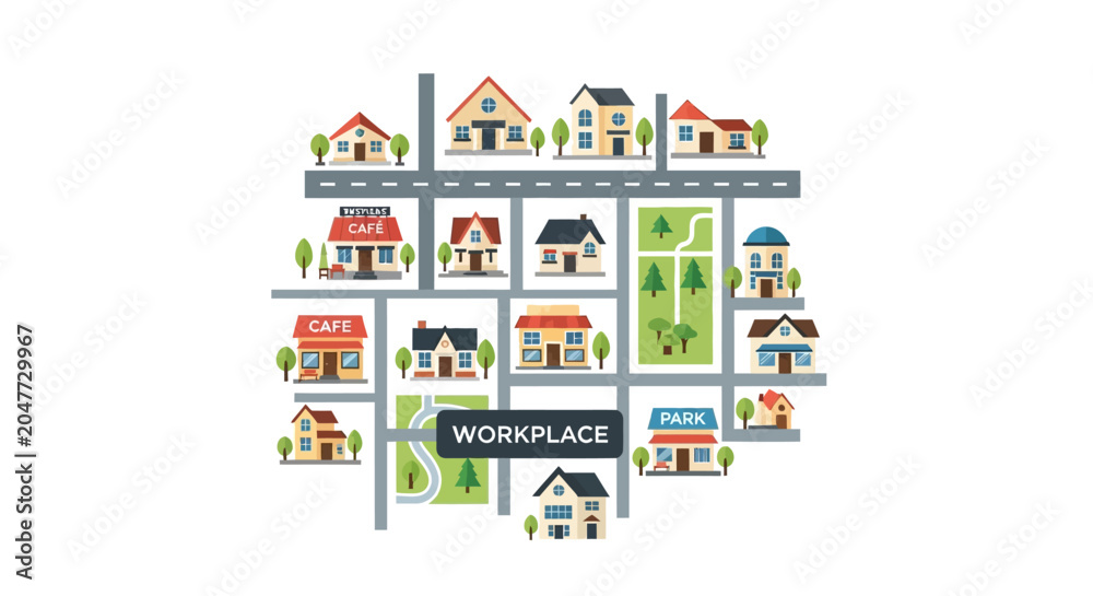 Obraz premium Flat Design City Map Illustration with Residential Houses, Cafes, Parks, and Central Workplace Icon