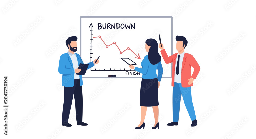Obraz premium Agile Project Management Team Analyzing Burndown Chart on Whiteboard Illustration