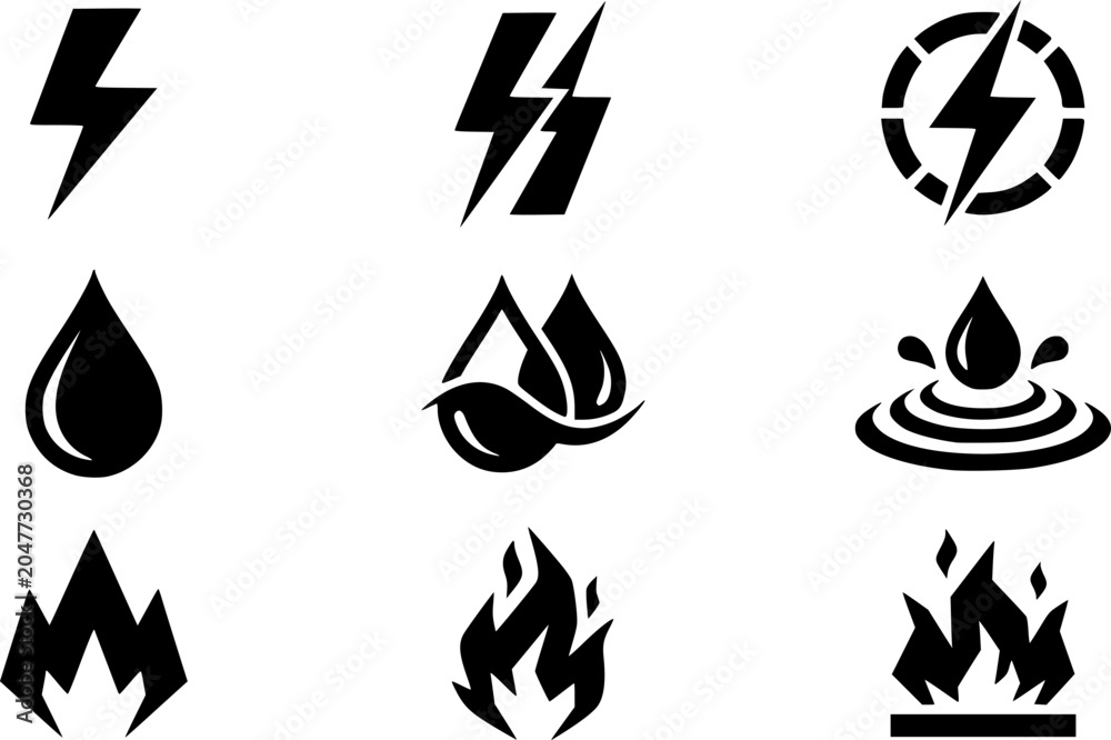 Fototapeta premium Energy and Power Silhouette Icons Vector, Lightning Bolt Fire Flame and Liquid Element Sign