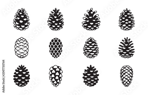 Collection of pine cones icons and silhouettes in various styles on checkered background.