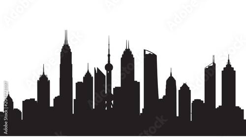 Black silhouette of shanghai city skyline with tall buildings