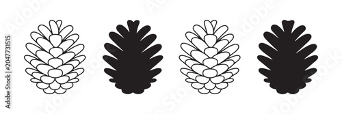 Photos Set of four different black pine cones icons with outline and silhouette on transparent background