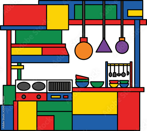 Tableau sur toile Colorful kitchen interior with cartoon style furniture and utensils on white bac