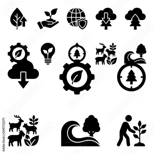 Billede på lærred Forestry And Sustainability Icons Black Silhouette Set On White Background