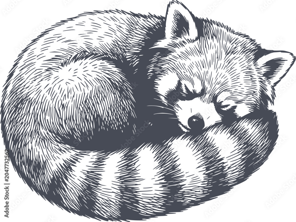 Fototapeta premium hand drawn illustration of a red panda sleeping curled up in navy blue dark tones with no white fills for versatile design use