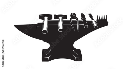 Foto Blacksmith anvil with metalworking hand tools set