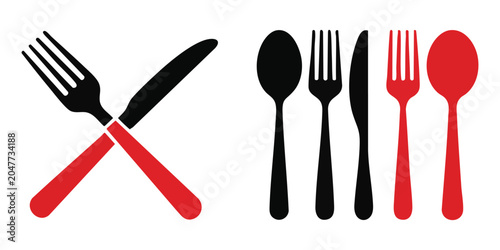 Bild auf Leinwand Graphic set of cutlery icons featuring black and red forks spoons and knives on grid background