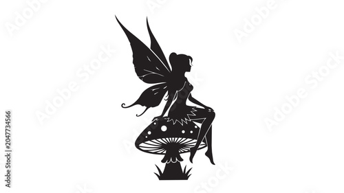 Schilderij op canvas Black silhouette of a fairy sitting on a large mushroom