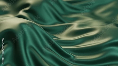 Abstract 3D Motion Render of Deep Emerald Green Satin Fabric Waves with Copy Space