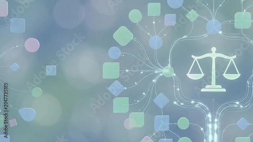 Ethical AI Decision Tree Concept with Floating Light Balance Scale and Copy Space