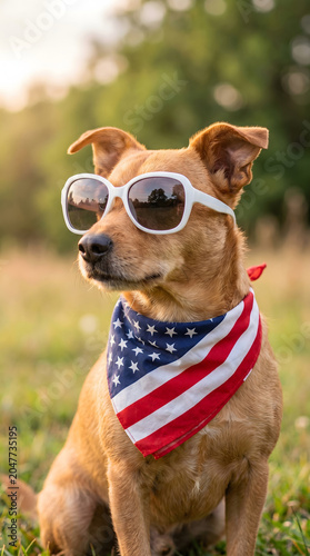 Cool Dog Wearing Sunglasses and American Flag Bandana, Patriotic Pet Portrait, Outdoor Summer Fun