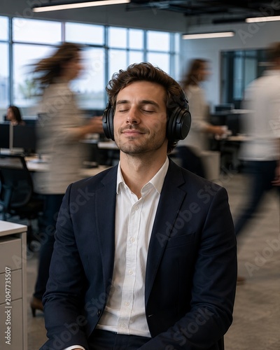 Young professional wearing noise-canceling headphones finds a moment of calm focus amidst a chaotic and busy open-plan office.