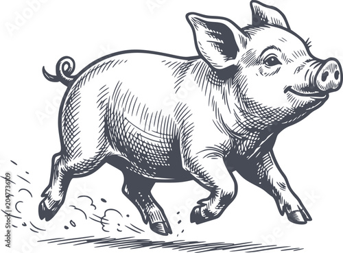 detailed hand drawn illustration of a happy pig running fast in black fill style with no white fills included