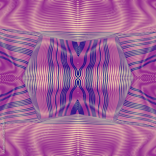 Psychedelic ornament seamless pattern with wavy lines optical illusion effect. Vector abstract endless background with wavy linear moire in calm pink violet halftones.