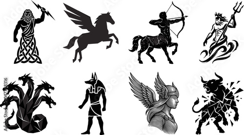 Foto Mythology and legendary creatures vector icon set featuring zeus pegasus centaur poseidon hydra anubis valkyrie and minotaur in image_8b02c4