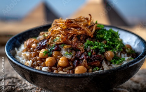 Enjoying koshari near the Pyramids of Giza in Cairo