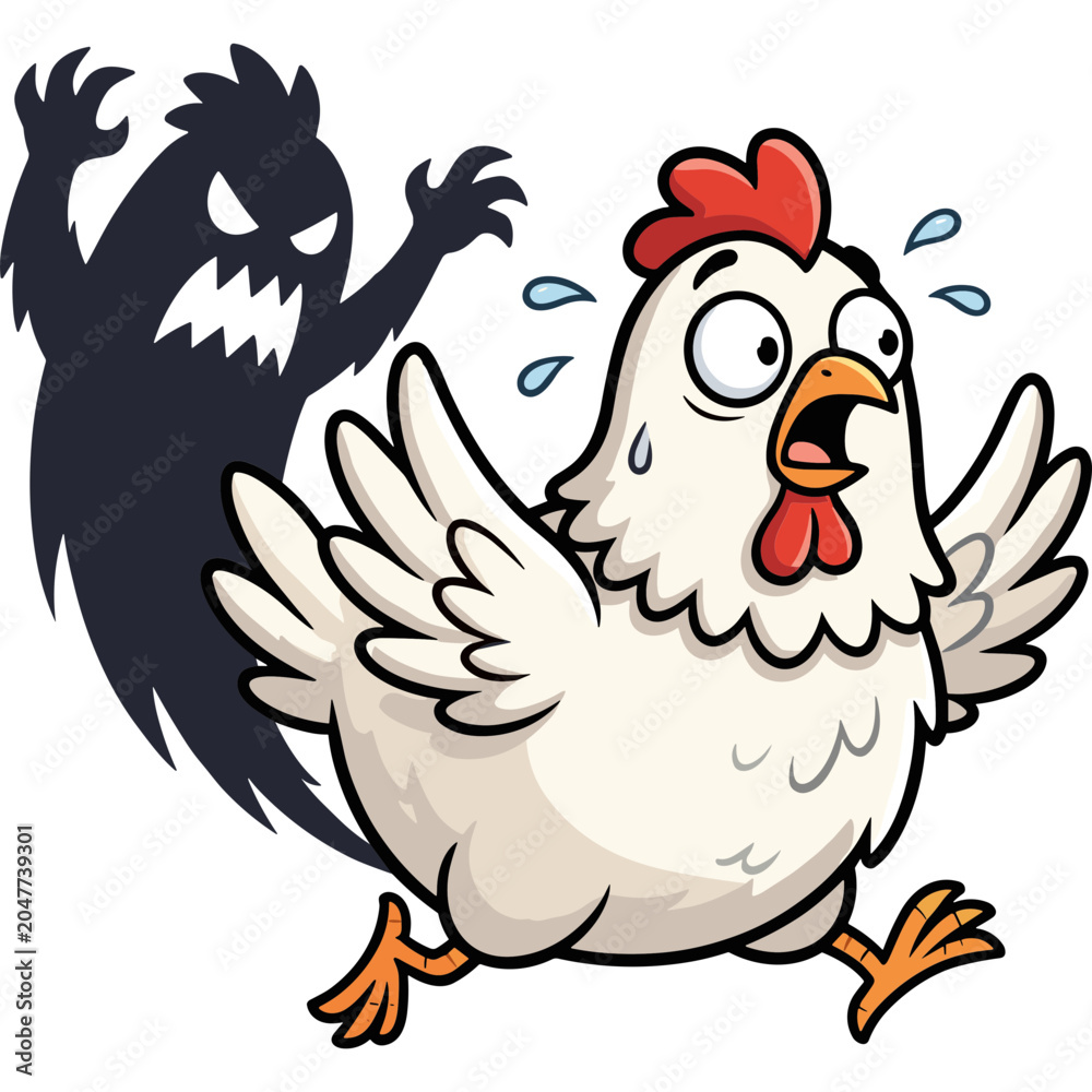Naklejka premium A frightened cartoon chicken runs from a menacing shadow figure.