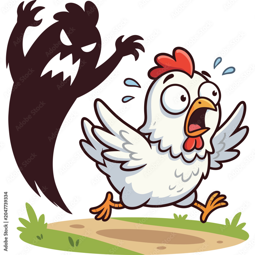 Naklejka premium A frightened cartoon chicken runs from a menacing ghost on a dirt patch.