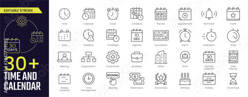 Time and Calendar Stroke icon collections. Containing time, calendar, clock, schedule, planner, appointment, reminder, event, deadline, and date icons. Editable Stroke icon collection Outline icon