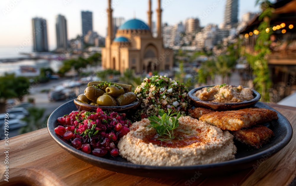 Obraz premium Lebanese mezze served with Beirut skyline in warm light