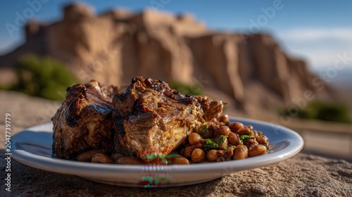 Cabrito a la norteña served with beans and yuca in Trujillo