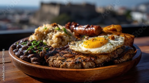 Enjoying bandeja paisa with Castillo San Felipe in view