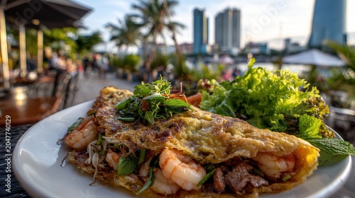 Enjoying banh xeo at Ben Thanh Market in warm light