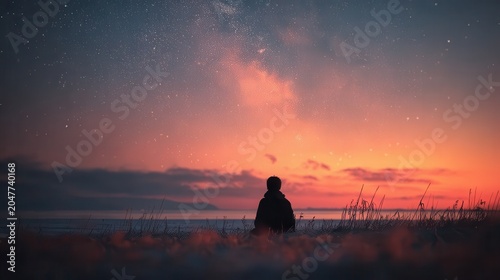 Person gazing at stars in open field at night