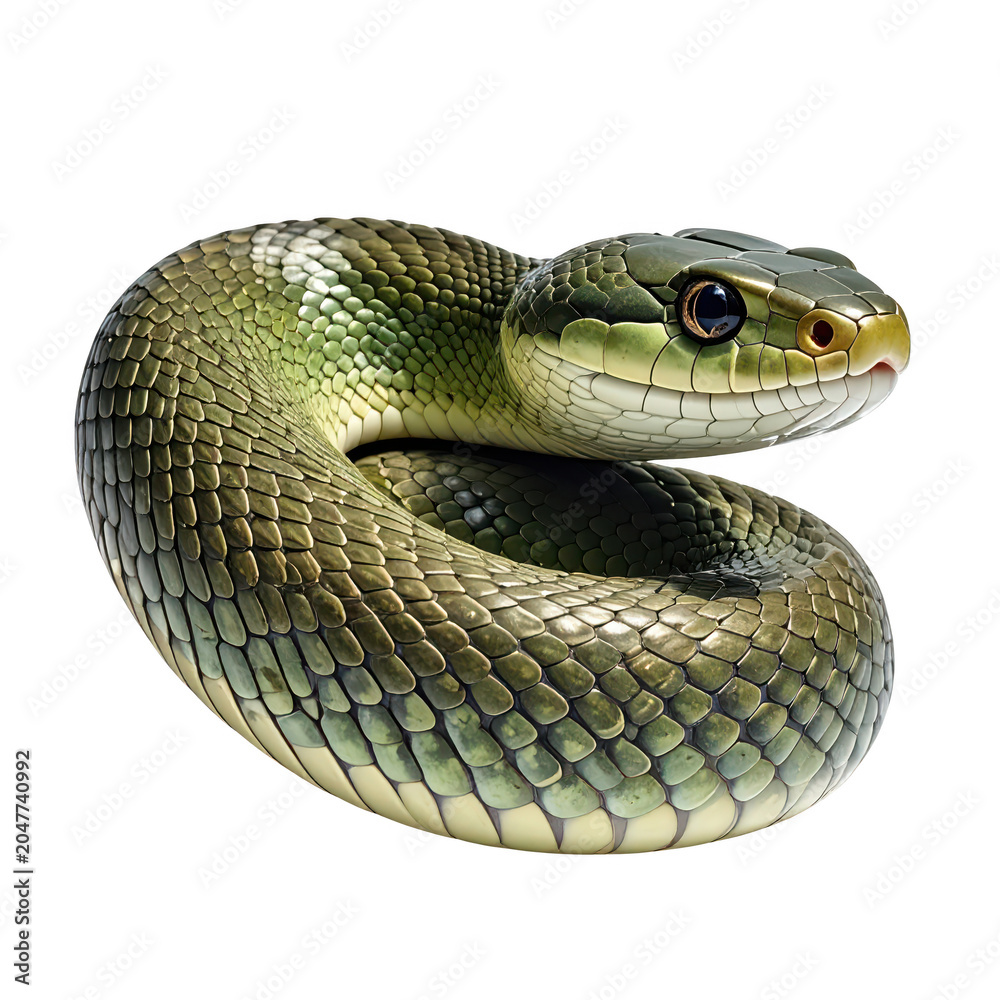 Fototapeta premium Green Snake Coiled With Detailed Scales Against isolated on a transparent background