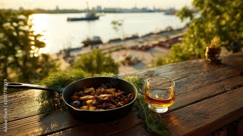 Rustic food setup by the Dnipro River in Central Ukraine