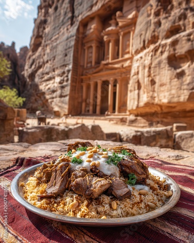 Mansaf with lamb and rice at Petra site in bright daylight