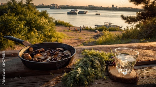 Rustic meal with horilka and mushrooms by Dnipro River